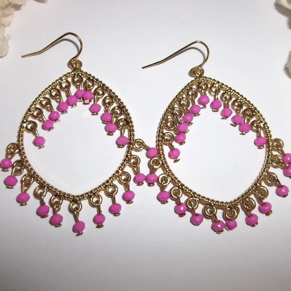 Statement Earrings Chandelier Beaded Fuchsia Pink Gold Big Oversized Set D049